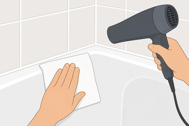 Illustration: hair dryer on low heat drying bathtub joint gap before tissue moisture test