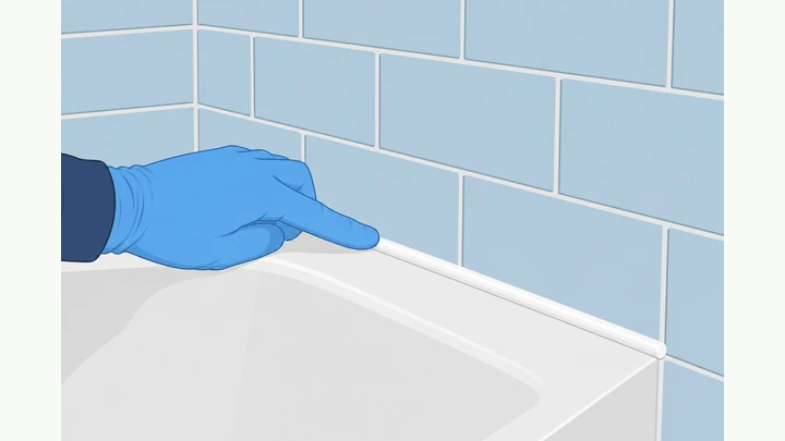 Illustration: hands applying a smooth silicone caulk bead along a bathtub-to-wall joint with painter's tape and caulk gun