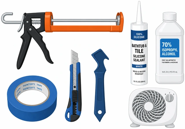 Illustration: bathtub caulk supplies laid out — silicone tube, caulk gun, painter's tape, utility knife, alcohol, and gloves