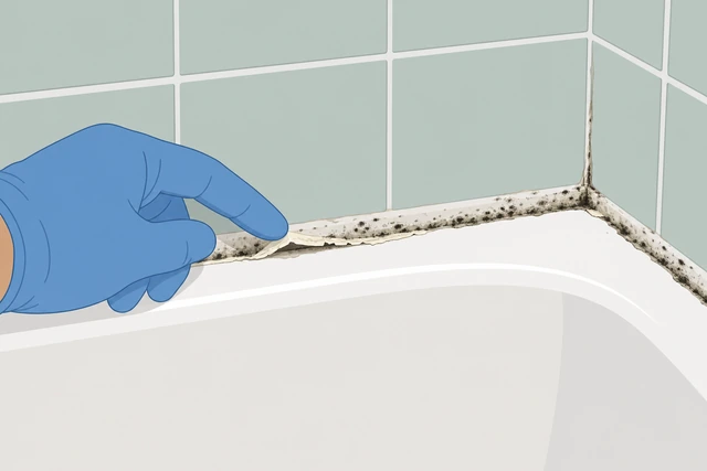 Illustration: close view of bathtub caulk joint showing gaps and dark mold spots along the bead