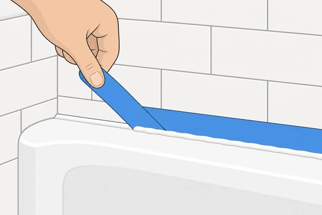 Illustration: peeling painter's tape outward at 45 degrees from a wet silicone caulk bead