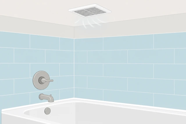 Illustration: bathtub with fresh caulk bead curing undisturbed, bathroom fan running, no shower use