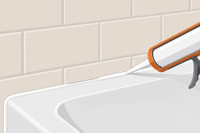 Illustration: inspecting cured bathtub caulk bead for gaps and applying a small touch-up bead