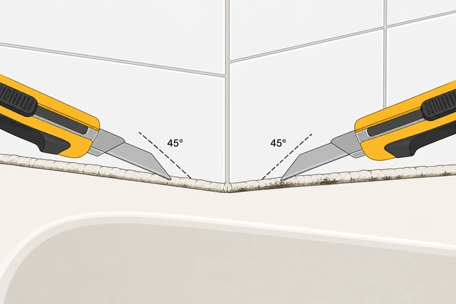 Illustration: utility knife scoring the old caulk bead on both sides of a tub-to-wall joint