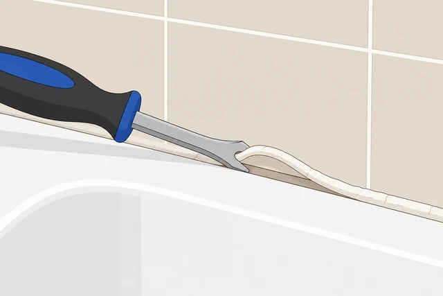 Illustration: plastic caulk removal tool prying old silicone from a bathtub joint gap