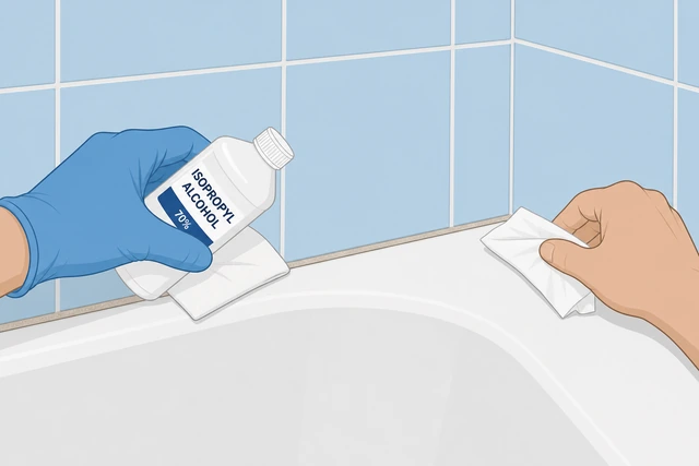 Illustration: hand scrubbing a bathtub joint with isopropyl alcohol rag and dry tissue test