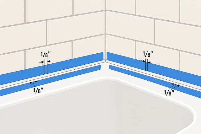 Illustration: painter's tape applied 1/8 inch from bathtub-to-wall joint on tub and tile sides
