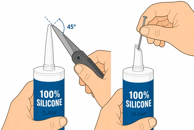 Illustration: cutting silicone caulk tube nozzle at 45 degrees to match bathtub joint gap width