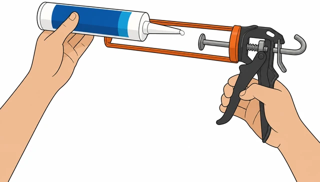 Illustration: loading a silicone tube into a caulk gun and squeezing until caulk appears at nozzle
