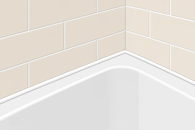 Illustration: caulk gun applying a steady continuous silicone bead along a taped bathtub joint