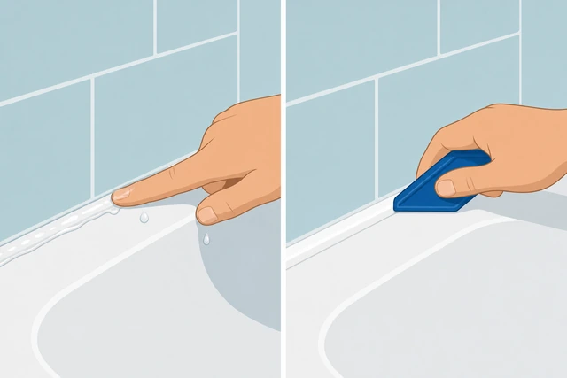 Illustration: wet finger or caulk finishing tool smoothing a silicone bead to a concave profile
