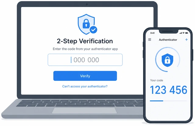 Illustration: phone authenticator showing six-digit code beside backup code entry option