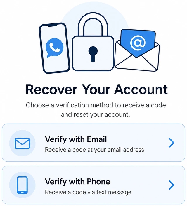 Illustration: recovery options with verification code email and new password fields