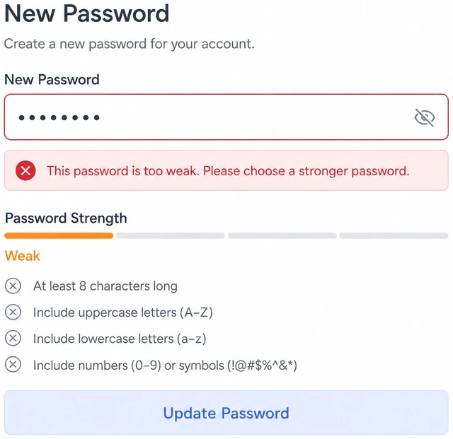 Illustration: new and confirm password fields with matching checkmark and visible typing