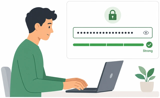 Illustration: password generator creating long random passphrase with strength meter green
