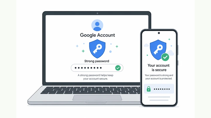 Illustration: laptop Google Account Security page with Password highlighted beside a phone showing Gmail sign-in