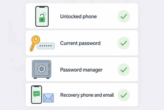 Illustration: checklist with unlocked device, current password, password manager, and recovery phone