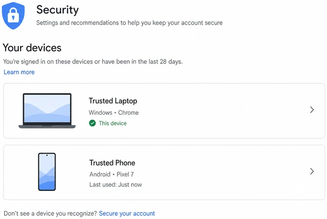 Illustration: Google Security Your devices list with option to sign out unknown sessions