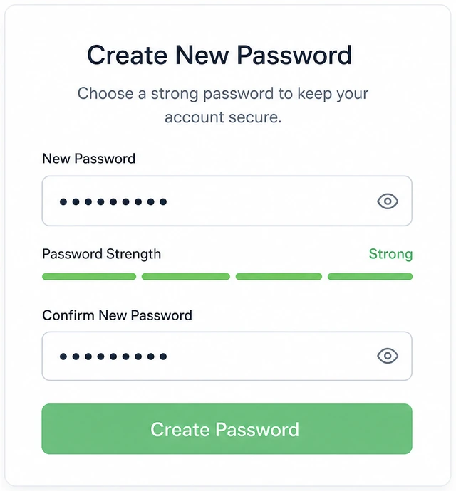 Illustration: new password field with strength meter showing strong unique passphrase