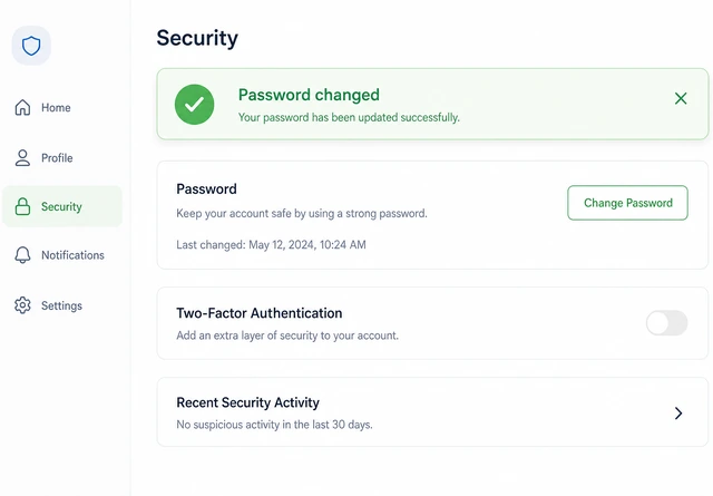 Illustration: Change password button pressed with success confirmation banner