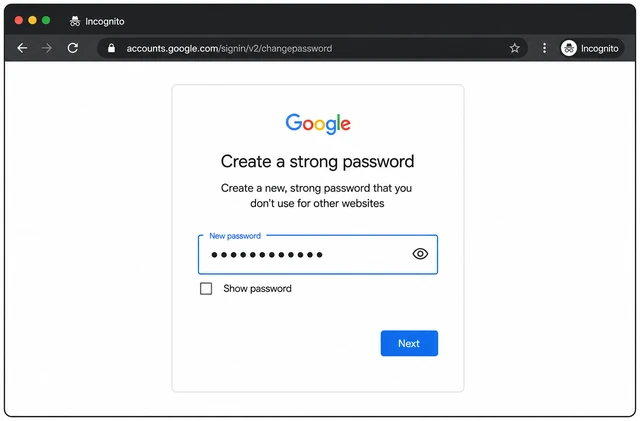 Illustration: Incognito browser sign-in with new password and optional 2FA code field