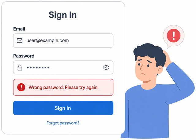 Illustration: sign-in screen showing wrong password error when old password is typed