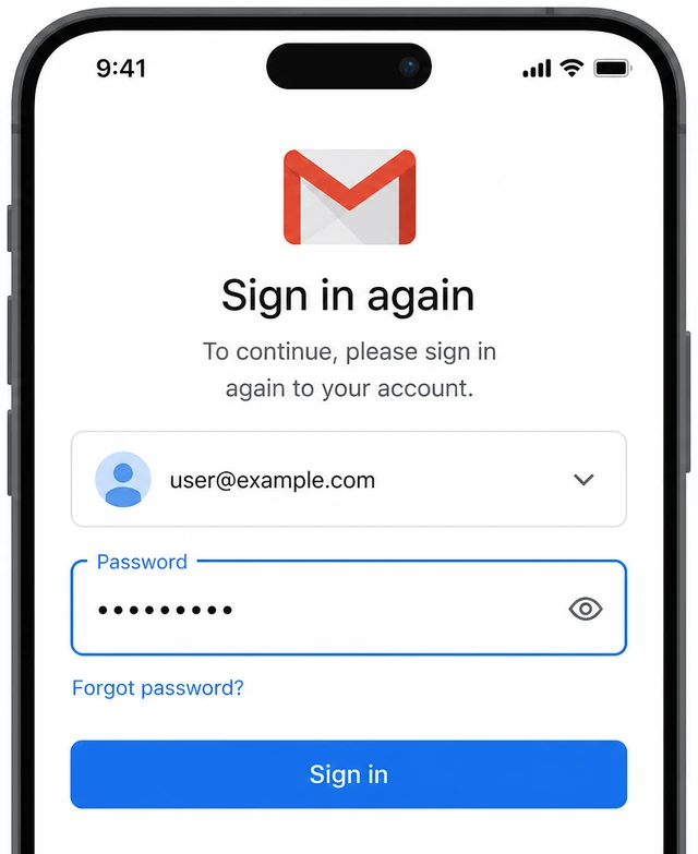 Illustration: phone Gmail app sign-in prompt asking for updated Google password