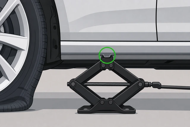 Illustration: set the jack in the metal pinch-weld notch.