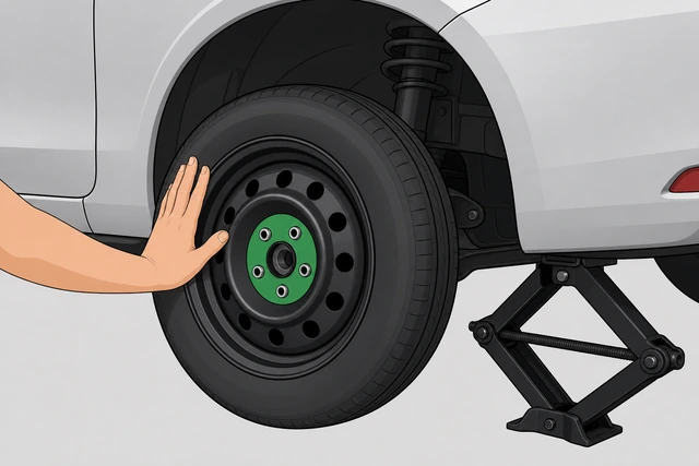Illustration: slide the spare onto the studs and hand-start all lugs.