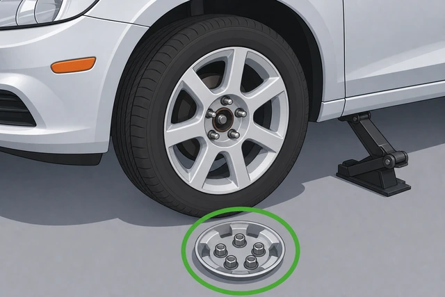 Illustration: remove all five lug nuts and set them in the hub cap.