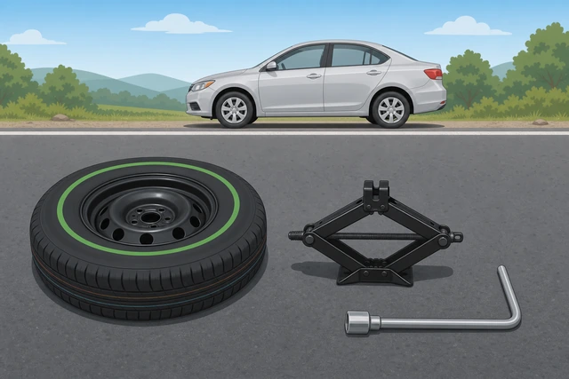 Spare tire, scissor jack, and lug wrench ready at roadside