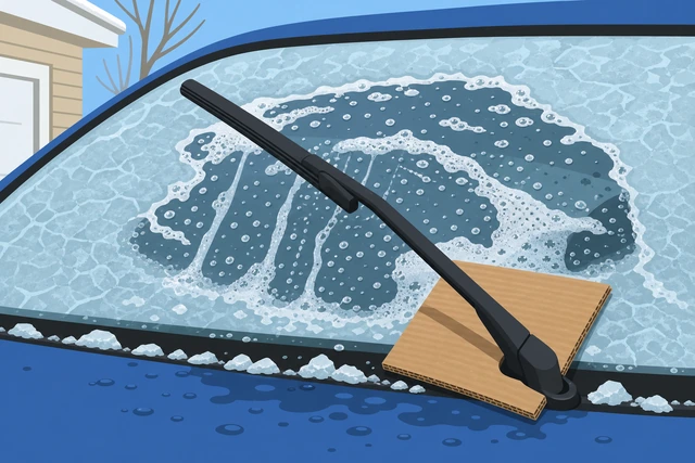 Illustration: cardboard protecting glass while soapy water frees frozen wiper arm from windshield