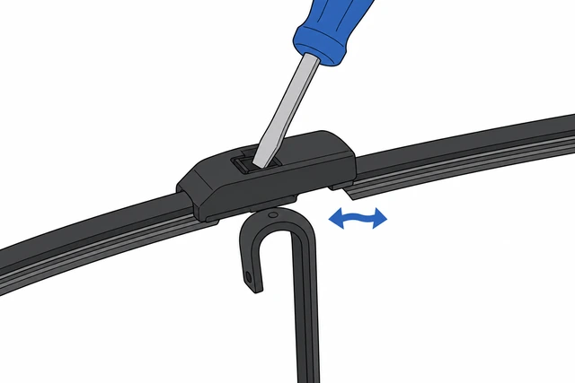 Illustration: flat screwdriver pressing release tab while wiggling wiper blade off J-hook arm