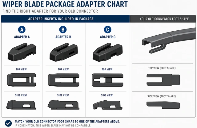 Illustration: wiper blade package adapter chart with three insert options compared to old blade foot