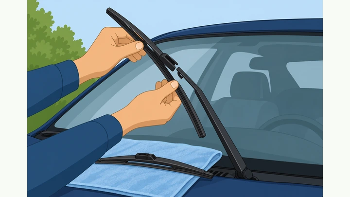 Illustration: hands installing new windshield wiper blade on raised wiper arm with old blade nearby
