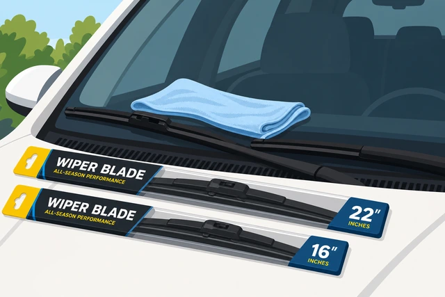 Illustration: new wiper blades in packaging with towel on windshield driver and passenger lengths noted