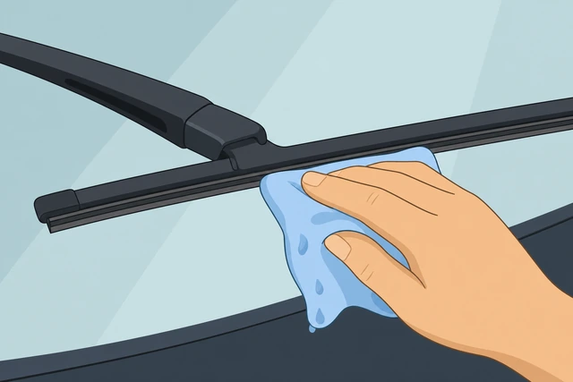 Illustration: wiping new wiper rubber with damp cloth checking parallel contact to glass