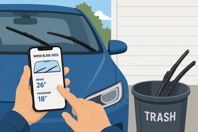 Illustration: noting wiper blade sizes on phone with old blades in trash bin