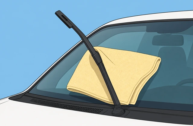 Illustration: wiper arm lifted with towel protecting windshield from snapping spring