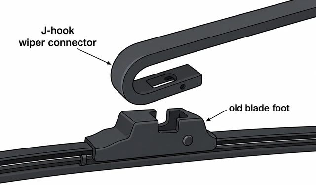 Illustration: close view of J-hook wiper arm connector with old blade foot labeled