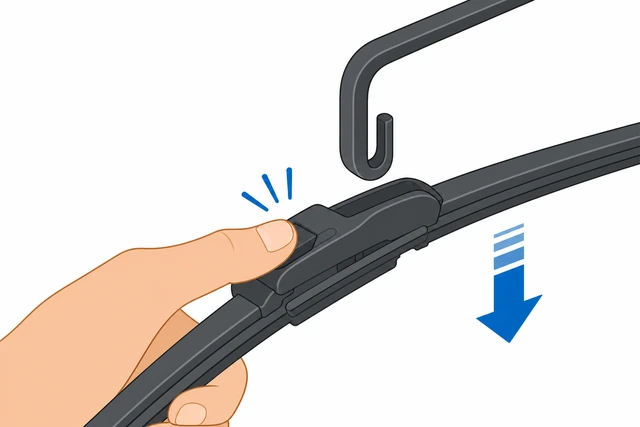 Illustration: finger pressing release tab and sliding old wiper blade down off J-hook arm