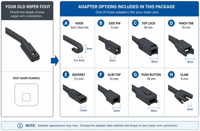 Illustration: comparing new wiper blade adapter chart to old blade foot before install
