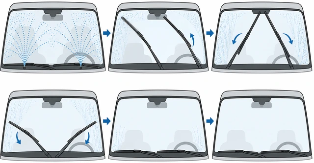 Illustration: windshield washer fluid sprayed while new wipers complete one full sweep cycle