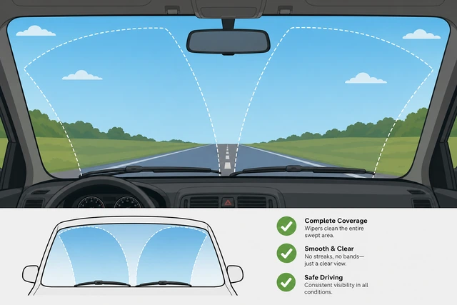Illustration: clean windshield wipe pattern after new blades with no streak bands visible