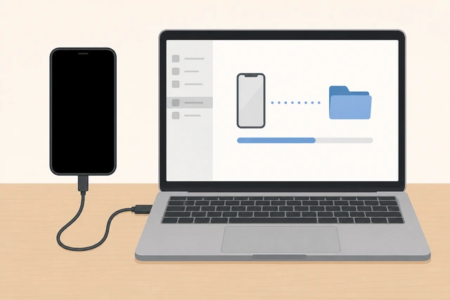 Illustration: phone connected to computer for backup beside screen repair appointment