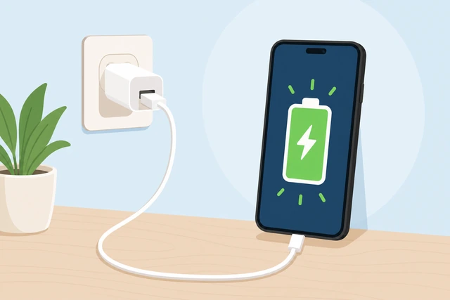 Illustration: outlet test, second charger swap, and port lint check in one troubleshooting pass