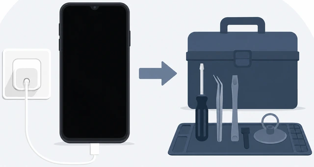 Illustration: wireless pad test beside cable tested on a second phone; service path if all fail