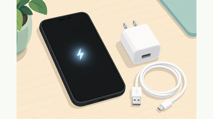Illustration: black-screen phone on a wall charger with a faint battery icon beginning to appear
