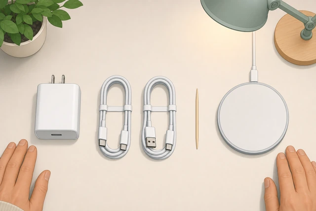 Illustration: wall outlet test with lamp, known-good charger kit, dry phone, and button map