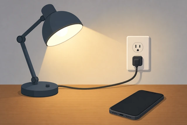 Illustration: desk lamp plugged into wall outlet beside a phone charger to prove the socket works